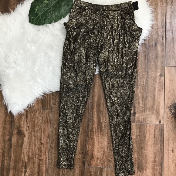 Zara • Gold Sequin Joggers Skinny Leg Harem Pants - Picture 3 of 8